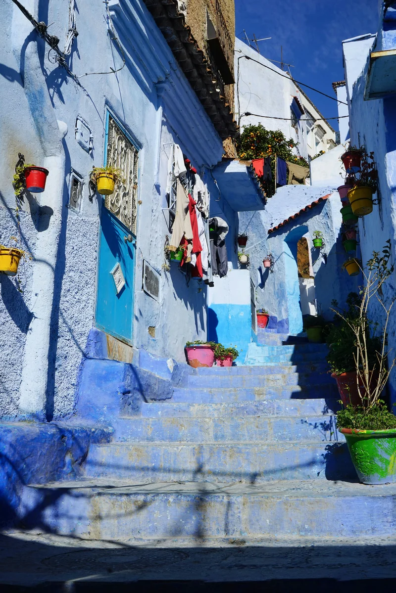 Blue-washed stairs and buildings in Chefchaouen's medina with Rif Mountains backdrop - Morocco's famous blue city in spring