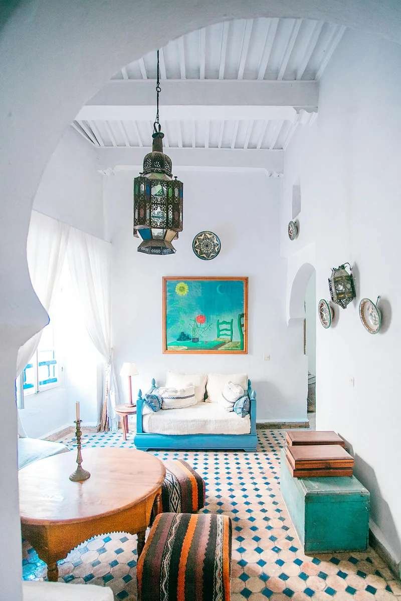 Blue-washed interior of riad in Chefchaouen - unique Moroccan style