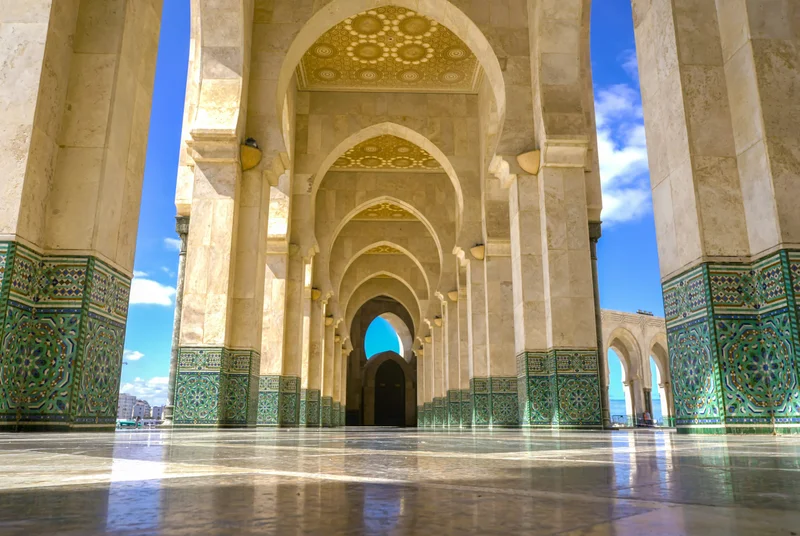 Hassan II Mosque in Casablanca showing magnificent arches and architectural details, the only mosque in Morocco most tourists can enter for guided tours