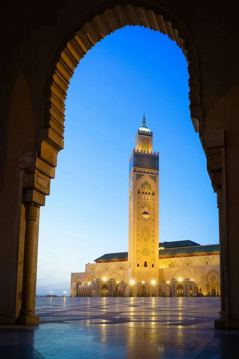 Hassan II Mosque in Casablanca at evening - iconic Moroccan architecture