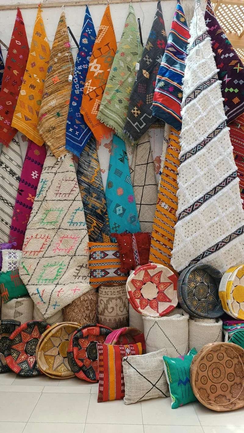 Handmade Moroccan textiles and rugs in artisan souk