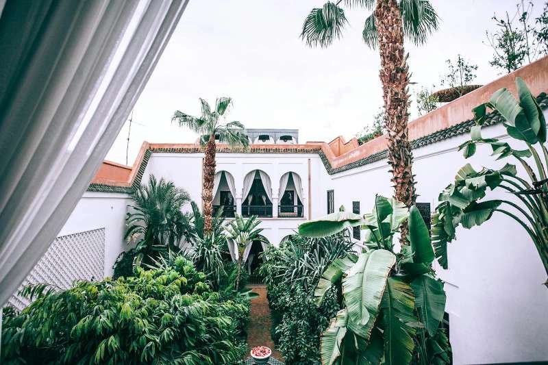 A riad courtyard garden in Marrakech, palms and banana plants crowding a tiled path below the arcaded upper floor