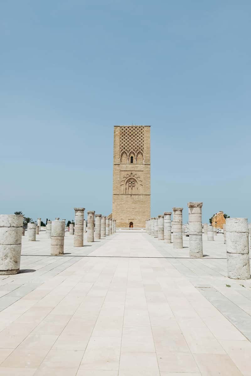The Hassan Tower in Rabat rising above the field of truncated stone columns left by its unfinished mosque