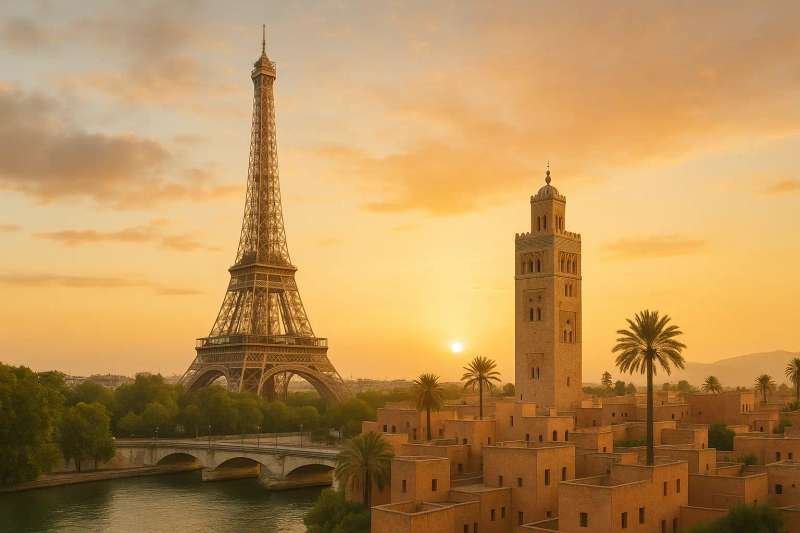 Map showing Morocco's proximity to Europe highlighting short flight distances from Paris to Marrakech