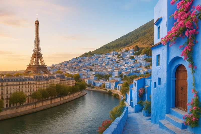 Flight map showing Paris to Chefchaouen route - Morocco is just hours from Europe