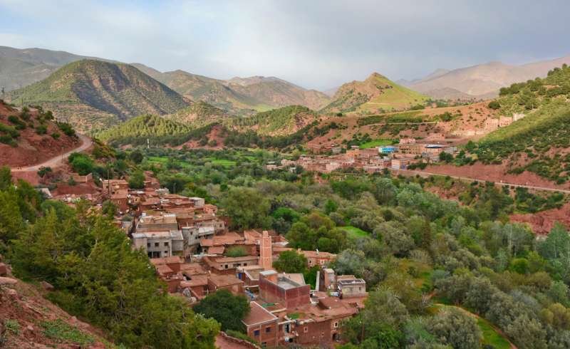 Panoramic view of Atlas Mountains with traditional Berber village
